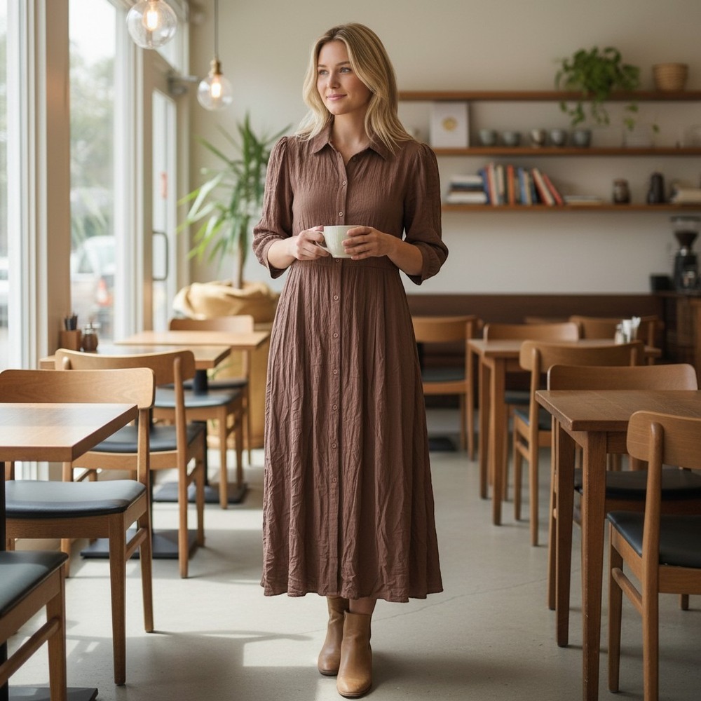 Soft Surroundings Shirt Dress Women PL Brown Maxi Rayon Button Front 3BG61